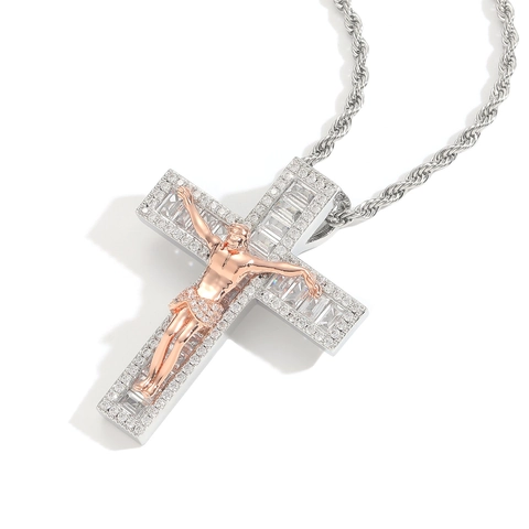 Hip Hop Bicolor Jesus Cross Pendant Necklace Copper Inlaid Zirconia With Stainless Steel Rope Chain For Men Jewelry Gift