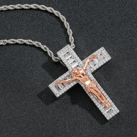 Hip Hop Bicolor Jesus Cross Pendant Necklace Copper Inlaid Zirconia With Stainless Steel Rope Chain For Men Jewelry Gift