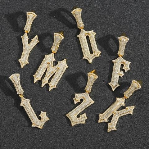 Hip Hop Iced Out Gothic Letter Pendant Necklace For Men Women Gold Silver Plated Copper Zircon Alphabet Jewelry Gift