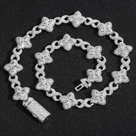 Hip Hop Iced Out Clover Infinity Link Necklace Bracelet Set Copper Zirconia Gold Silver Plated Jewelry For Men Women