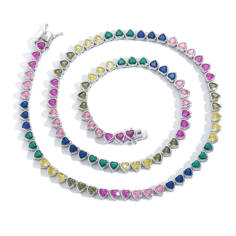 Collana Tennis Hip Hop con Zirconia a Cuore Colorato Rame Placcato Oro Vero Iced Out Catena a Cuore Arcobaleno Gioielli per Uomo Donna