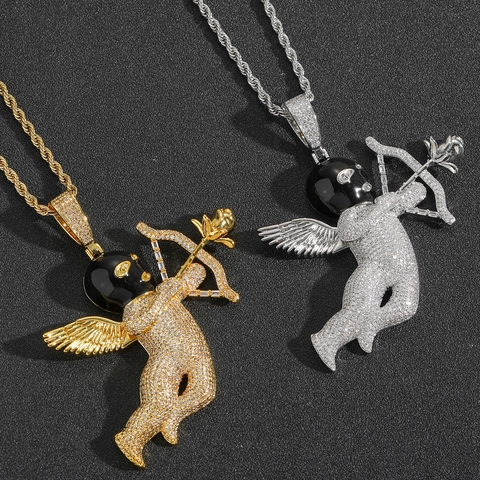 Collar con Colgante de Cupido Iced Out Hip Hop Ángel con Pasamontañas Rosa Flecha Circón Cadena de Cuerda de Acero