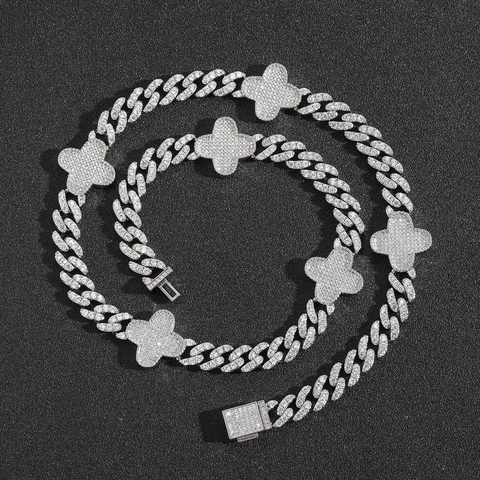 Collana e Bracciale Maglia Cubana con Ciondolo Quadrifoglio in Rame e Zirconia Hip Hop per Uomo Donna Gioielli Iced Out
