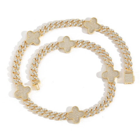 Collana e Bracciale Maglia Cubana con Ciondolo Quadrifoglio in Rame e Zirconia Hip Hop per Uomo Donna Gioielli Iced Out