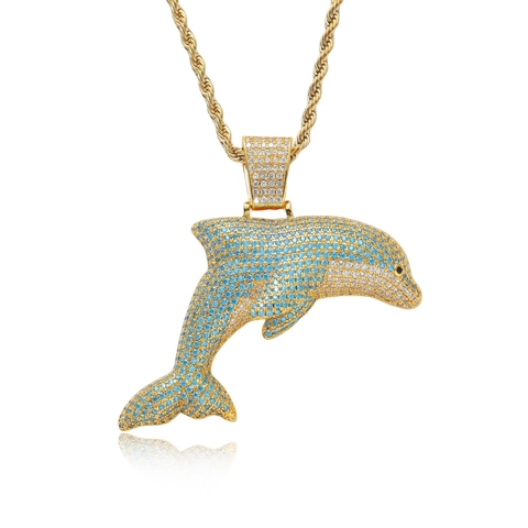 Collana con Pendente a Delfino Hip Hop Iced Out Gioielli in Rame Micro Pave Zirconia Con Catena a Corda in Acciaio Inossidabile