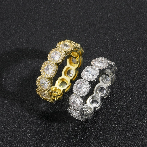 Anello Hip Hop in Rame con Zirconia per Uomo Donna Iced Out Full Pave Strass Anello Eternity Geometrico Fiore Gioielli Regalo