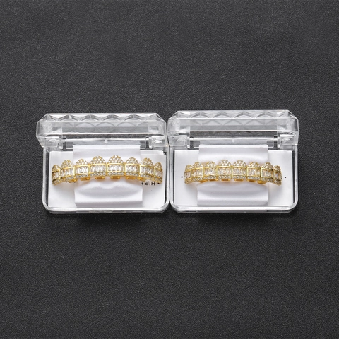 Hip Hop 8 Denti Grillz Rame Zirconia Intarsiata Oro Argento Placcato Grill Denti Per Uomo Donna Festa Cosplay Gioielli