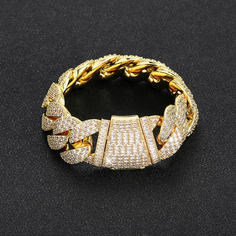 Pulsera Cuban Link Hip Hop Iced Out de Cobre con Circonia Incrustada Chapada en Oro Plata Cadena Pesada Joyería Street Style Hombre