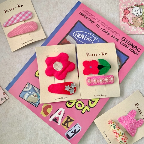 Sweet Korean Style Fabric Hair Clips For Girls Pink Floral Plaid Sequin Rabbit Hair Accessories Artificial Pearl Snap Clips
