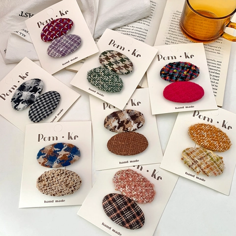 Barrettes à Cheveux Ovales en Tissu Tweed Rétro Plaid Pied-de-poule Patchwork Couleur Épingles à Cheveux Fille Accessoires