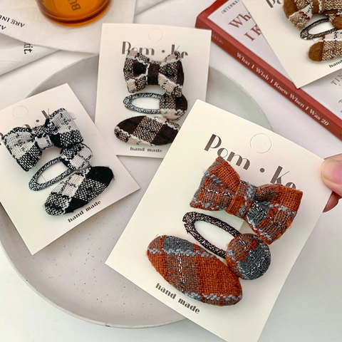 Barrettes à Cheveux Nœud Plaid Faites à la Main pour Enfants Épingles à Cheveux en Tissu Tweed Doux pour Filles