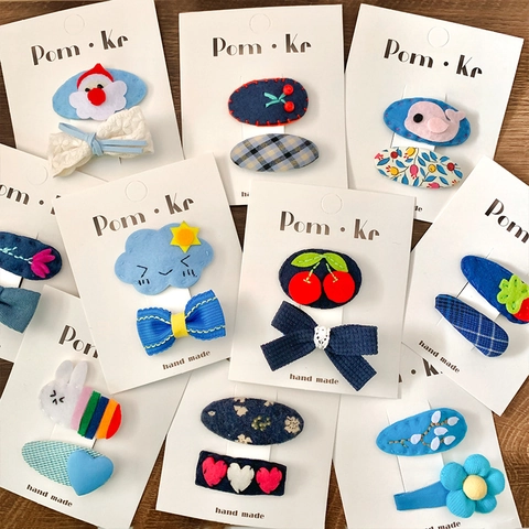 Série Bleue Barrettes Cheveux Enfants Fait Main Tissu Nœud Papillon Fleur Fruits Épingles à Cheveux Set Filles Accessoires