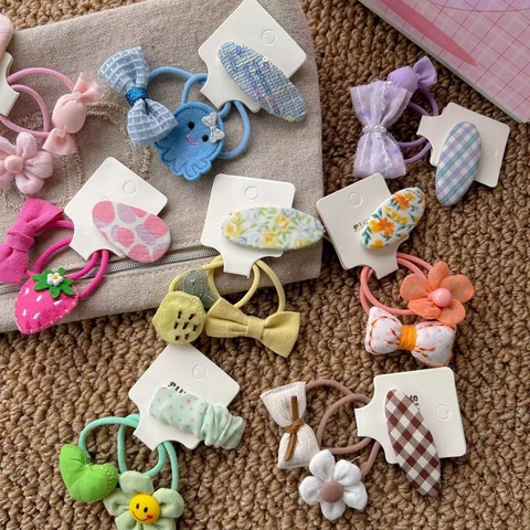 Cute Kids Fabric Flower Bow Hair Ties Clips Girls Hair Accessories Korean Style Plaid Floral Pattern Handmade Headwear