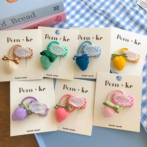 Handgemaakte Aardbei Ruitjes Stof Haarelastiekjes Voor Meisjes Kant Strik Elastische Haarklemmen Ponytail Houders Sieraden