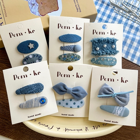 Blue Bow Lace Fabric Plaid Hair Clip Collection Sweet Artificial Pearl Embellished Handmade Hair Accessories For Girls Women Daily Party Headwear