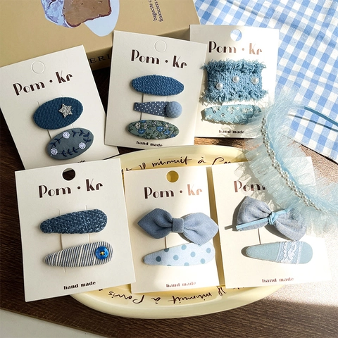 Blue Bow Lace Fabric Plaid Hair Clip Collection Sweet Artificial Pearl Embellished Handmade Hair Accessories For Girls Women Daily Party Headwear