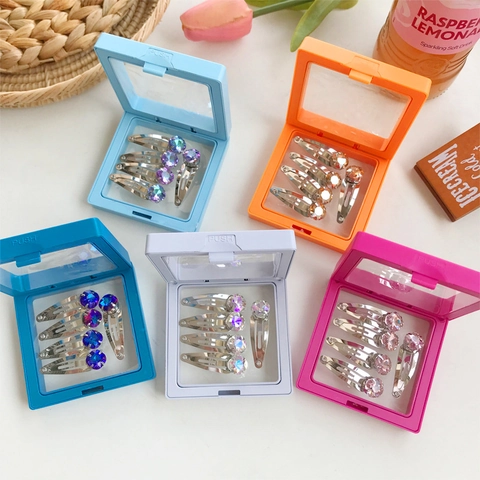 Cute Sparkling Rhinestone Hair Clips For Kids Girls Metal Silver Water Drop BB Clips With Square Storage Display Box