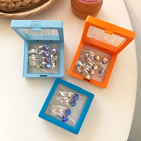 Cute Sparkling Rhinestone Hair Clips For Kids Girls Metal Silver Water Drop BB Clips With Square Storage Display Box