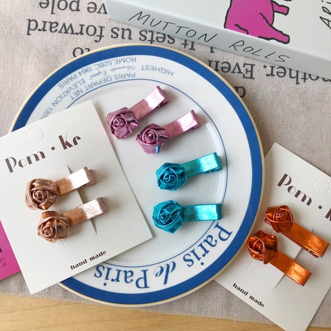 Süße Rose Blume Haarspangen Set Handgefertigt Metallische Kunstleder Entenschnabel Clips Für Kinder Mädchen Mode Haarschmuck
