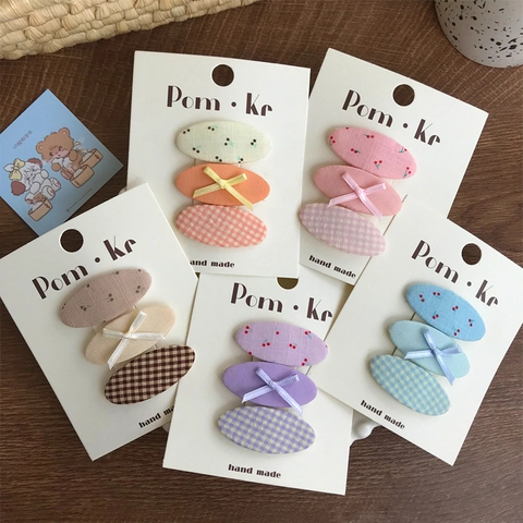 Set di Fermagli per Capelli in Tessuto per Bambini Clip BB Ovali Motivo Ciliegia Quadri Fiocco Accessori per Capelli Ragazze