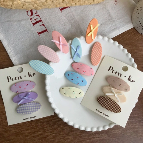 Set di Fermagli per Capelli in Tessuto per Bambini Clip BB Ovali Motivo Ciliegia Quadri Fiocco Accessori per Capelli Ragazze