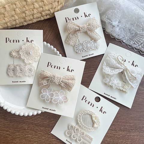 Juego de Pinzas para el Cabello de Tela de Encaje Hecho a Mano con Lazo y Flor para Niñas Moda Dulce Perla Artificial