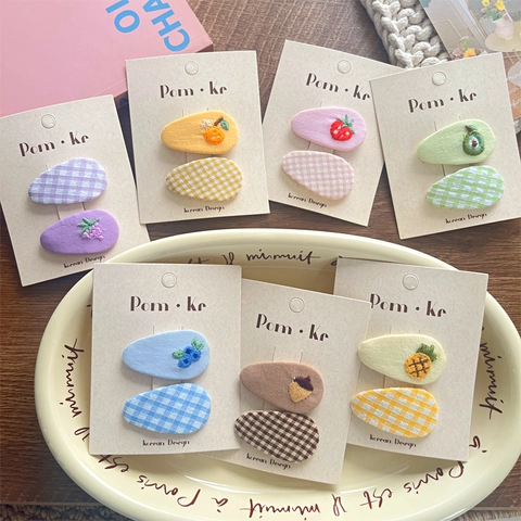 Korean Style Fabric Fruit Embroidery Hair Clips For Girls Kids Sweet Cotton Plaid BB Clips Daily Hair Accessories