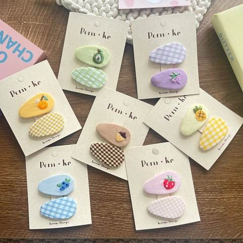 Korean Style Fabric Fruit Embroidery Hair Clips For Girls Kids Sweet Cotton Plaid BB Clips Daily Hair Accessories