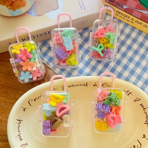 Kids Mini Haarklemmen Set Snoep Macaron Kleur Kunststof Hars Hart Bloem Vierkant Haarclips Met Koffer Opbergdoos Haaraccessoires