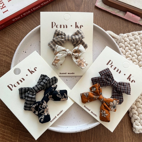 Handmade Fabric Bow Hair Clips Plaid Floral Pattern Hairpins Sweet Vintage Bangs Side Clips Accessories For Kids Women