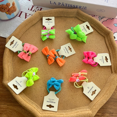 Kinderen Neon Strik Haarelastiekjes Handgemaakt Elastische Haarbanden Geknoopte Stoffen Strik Ponytail Houders Met Kralen Meisjes Haaraccessoires
