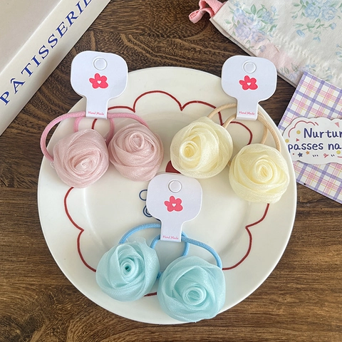 Zoete Gaas Roos Bloem Haarelastiekjes Voor Kinderen Handgemaakt Organza Floraal Elastische Paardenstaarthouders Meisjes