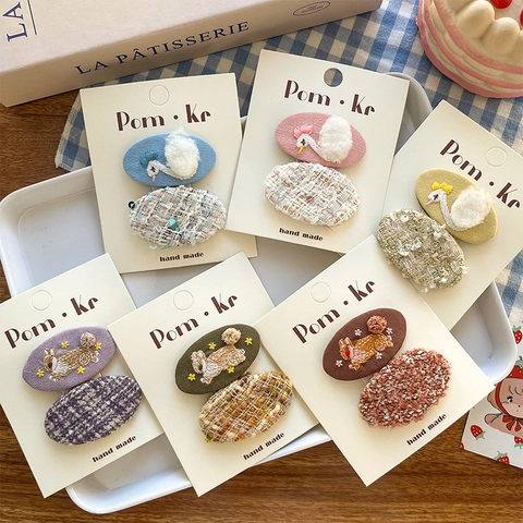 Kids Embroidered Fabric Hair Clip Set Swan Rabbit Handmade Tweed Snap Clip For Girls Cute BB Clip Hair Accessories