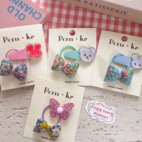 Koreanischer Stil Kinder Blumen Schleife Haarseil Set Süße Baby Bär Hase Handgefertigte Stoff Haargummis Und Clips Haarschmuck