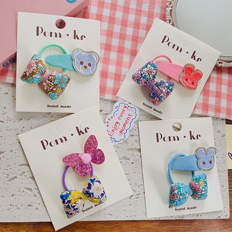 Koreanischer Stil Kinder Blumen Schleife Haarseil Set Süße Baby Bär Hase Handgefertigte Stoff Haargummis Und Clips Haarschmuck