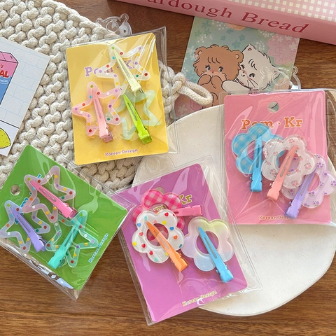 Cute Plastic Resin Flower Star Hair Clips Sweet Plaid Floral Polka Dot Pattern Duckbill Side Clips For Girls Hair Accessories