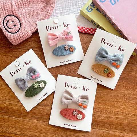 Süße Koreanische Stil Kinder Schleife Blume Stoff Haarnadel Handgemachte Stickerei Kirsche Mädchen Haar Zubehör Schleife Und Oval Clip