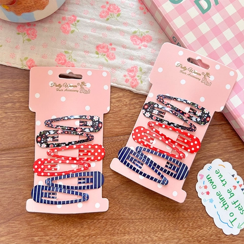 6Pcs Girls Metal BB Hair Clips Polka Dot Floral Striped Printed Water Drop Snap Clips Colorful Lacquer Hair Accessories