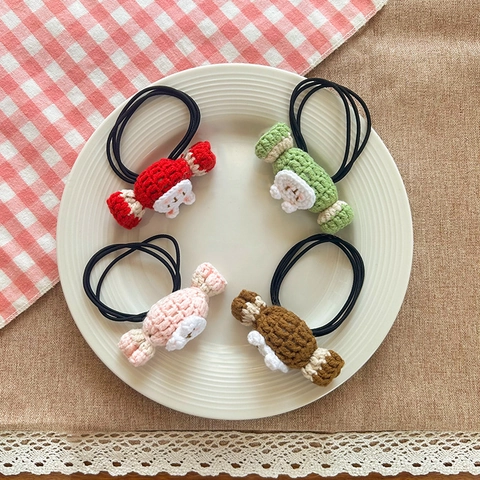 Handgemaakte Gehaakte Snoep Konijn Haarstrikken Voor Meisjes Zoet Garen Gebreide Elastische Haarbanden Leuke Cartoon Kinderen Haaraccessoires