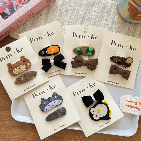Handmade Kids Fabric Hair Clips Set Cartoon Bear Penguin Bowknot Felt Decorative Hairpins For Girls Daily Sweet Hair Accessories
