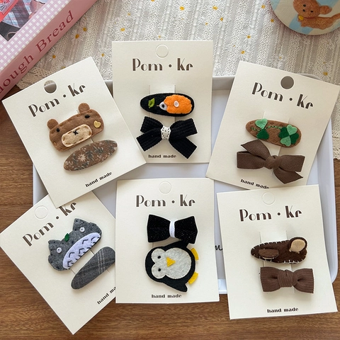 Handmade Kids Fabric Hair Clips Set Cartoon Bear Penguin Bowknot Felt Decorative Hairpins For Girls Daily Sweet Hair Accessories