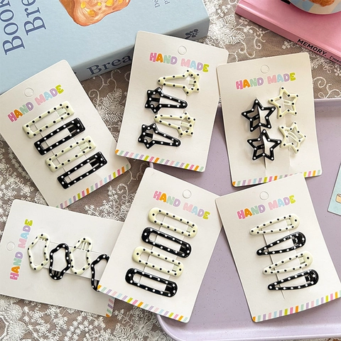 Koreanischer Stil Schwarz Weiß Punktmuster Stern Tropfen Haarspangen Set Süß Legierung Emaille BB Clips Für Kinder Mädchen Haarschmuck