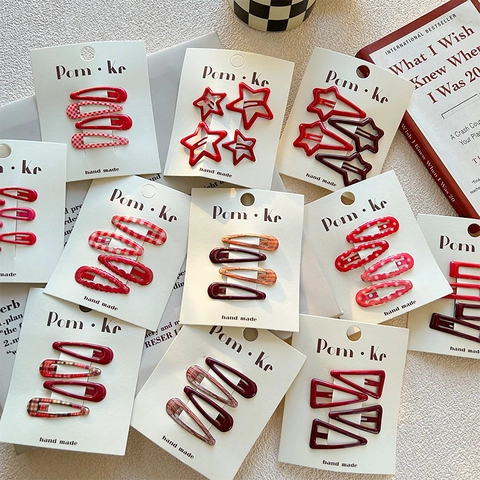 Lot de Barrettes à Cheveux Rouges Enfants Motifs Floraux Plaid Pois Étoile Mignon BB Clips Accessoires Cheveux pour Filles
