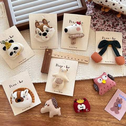 Handmade Fabric Embroidery Animal Hair Clips For Girls Korean Cartoon Panda Bear Lion Squirrel Hair Accessories BB Clip For Kids