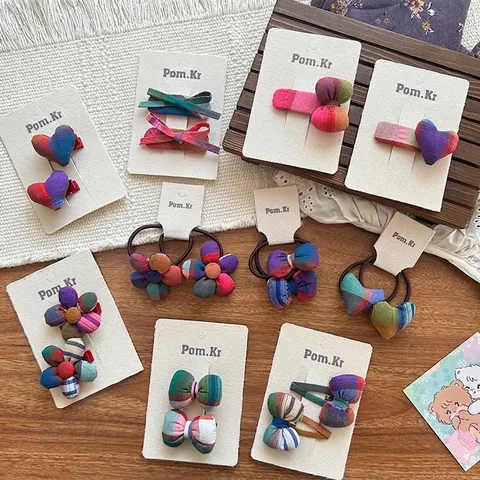 Kinder Bunte Karo Stoff Schleife Haarklammern Herz Blume Haargummis Süßer Koreanischer Stil Mädchen Mode Haarschmuck Dekor