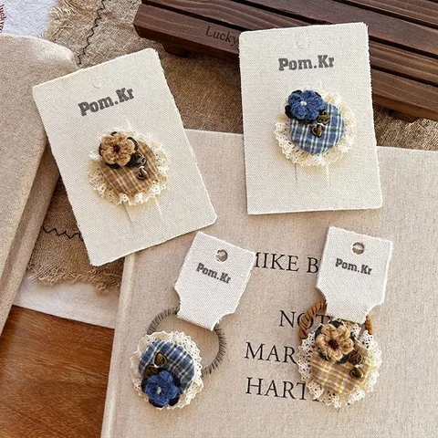 Kinder Süße Karo Spitze Blume Haarspangen Und Haargummis Koreanische Vintage Handgemachte Baumwolle Stricken Floral Haarnadeln Katze Anhänger Mädchen Haarschmuck