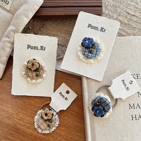 Kinder Süße Karo Spitze Blume Haarspangen Und Haargummis Koreanische Vintage Handgemachte Baumwolle Stricken Floral Haarnadeln Katze Anhänger Mädchen Haarschmuck