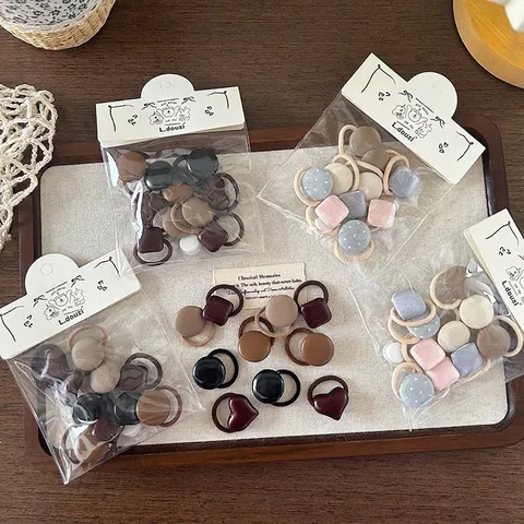 Korean Style Button Leather Decoration Elastic Hair Ties For Kids Girls Sweet Morandi Colors Ponytail Holder Hair Accessories