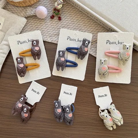 Cartoon Bear Heart Embroidery Hair Clip Hair Tie Set For Kids Brown Khaki Fabric Handmade Hair Accessories For Girls