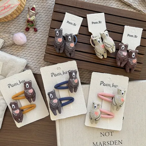 Cartoon Bear Heart Embroidery Hair Clip Hair Tie Set For Kids Brown Khaki Fabric Handmade Hair Accessories For Girls